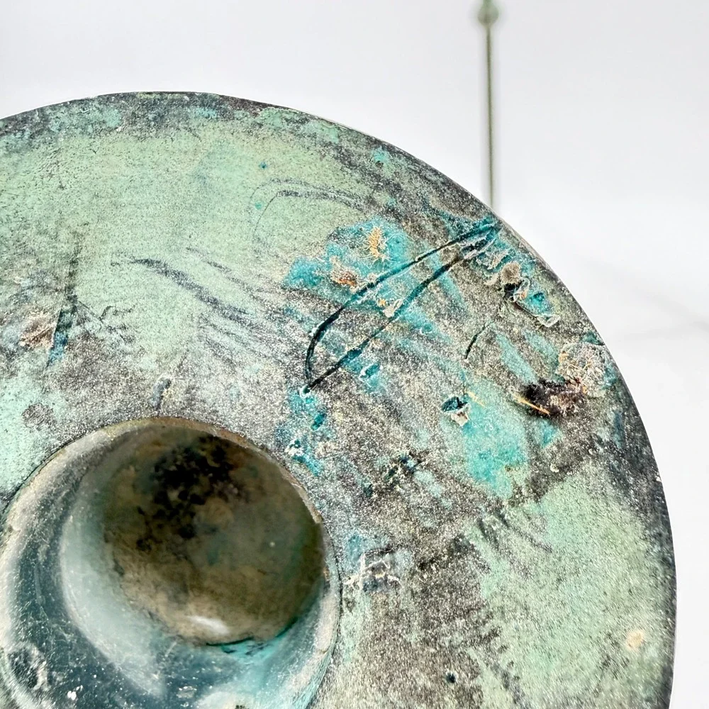 Vtg Verdigris Taper Christian Beaumont Post-Modern Decor Teal Metal Candlesticks